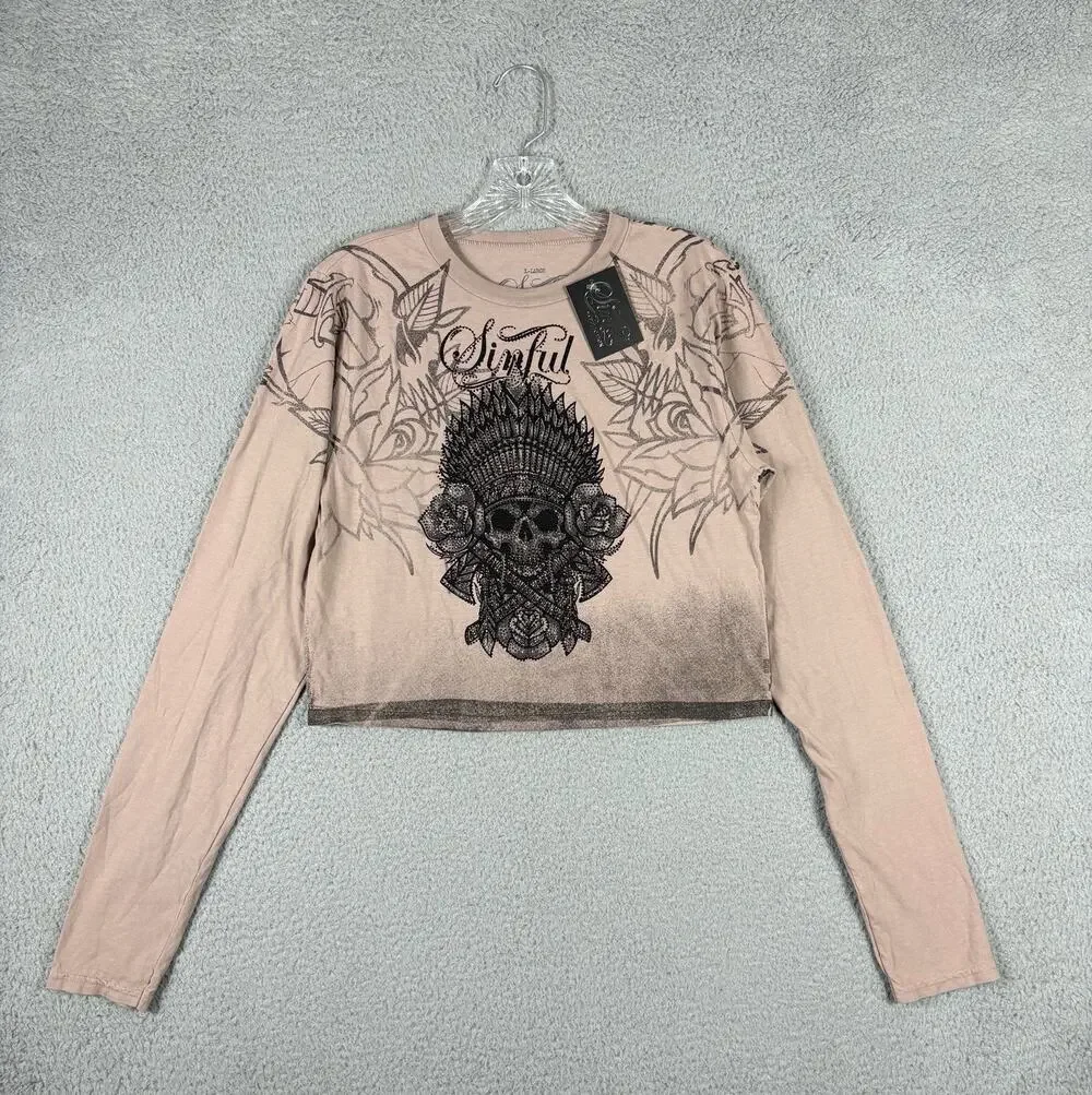 Sinful Affliction Cropped Top Women's XL Beige Thunder Sky Rhinestone Grunge